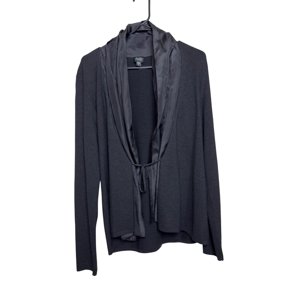 Eileen Fisher Silk Blend Knit Cardigan Draped Silk Trim Black R6TS-1 Womens Med